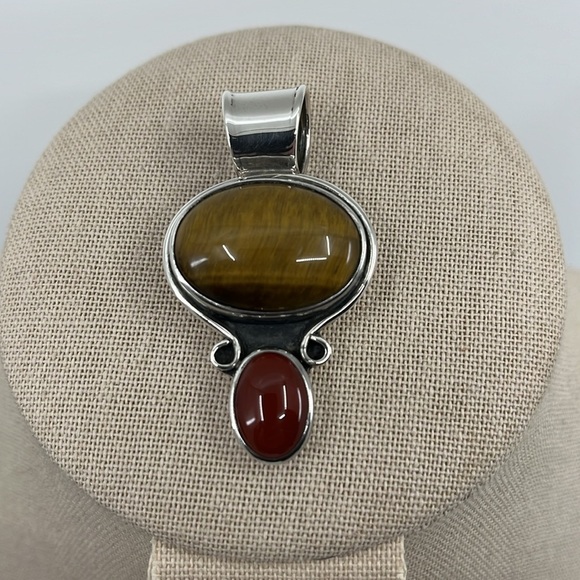 🌵 CII MEXICO 925 Silver - Vintage Tiger's Eye & Carnelian Pendant, 18.4g - Picture 3 of 16